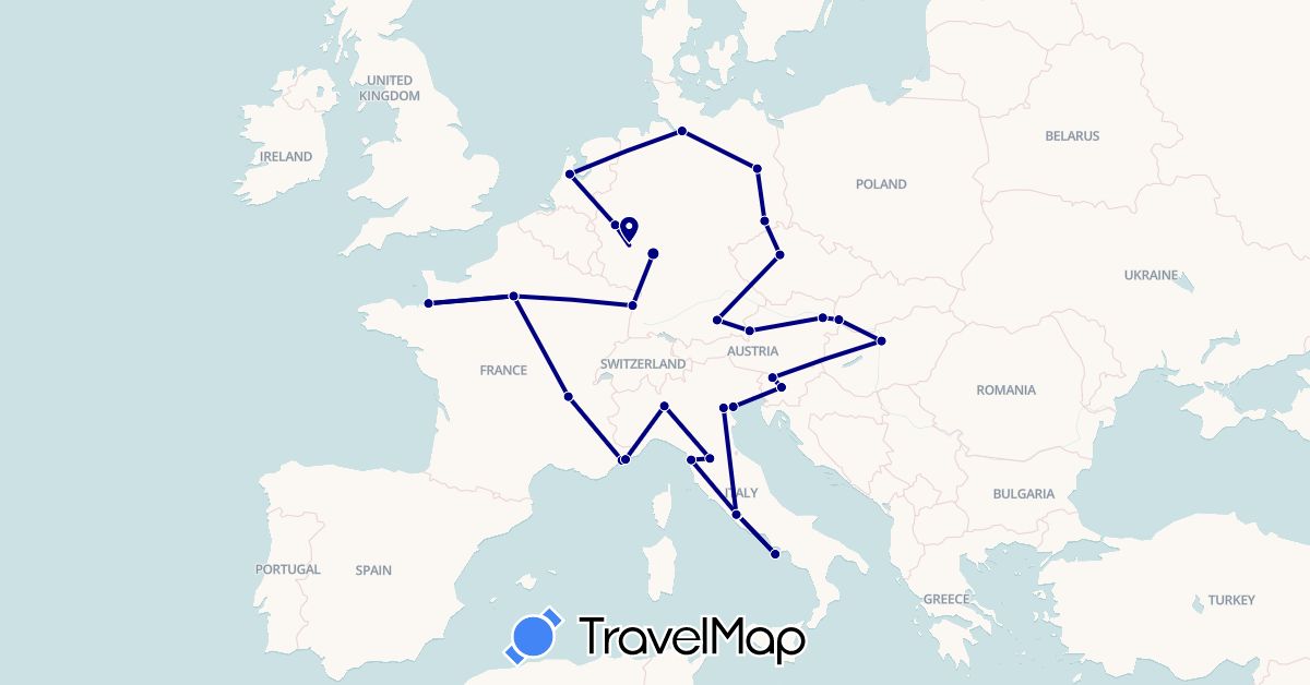 TravelMap itinerary: driving in Austria, Czech Republic, Germany, France, Hungary, Italy, Monaco, Netherlands, Slovenia, Slovakia, Vatican City (Europe)
